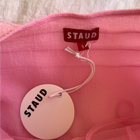 NWT Staud Florian Appliqué Flower Ruffle Halter Organza Mini Dress Tulip Pink - Picture 8 of 13